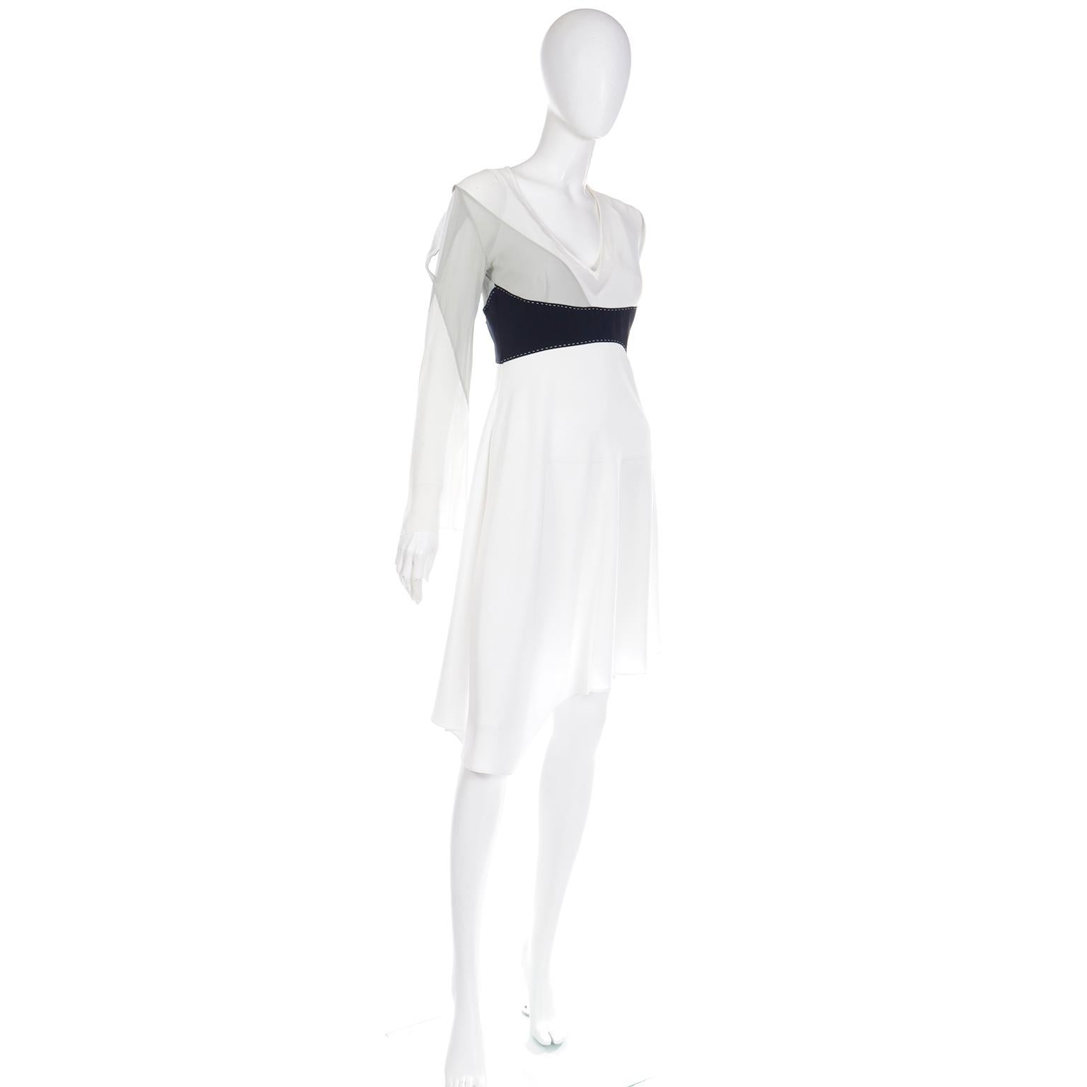 Gray Vintage Gattinoni 1990s White Grey and Black Asymmetrical Dress w Open Shoulders For Sale