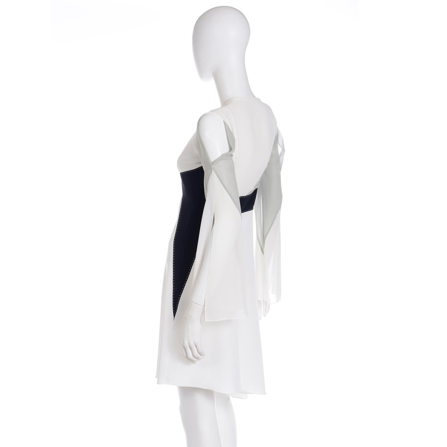 Vintage Gattinoni 1990s White Grey and Black Asymmetrical Dress w Open Shoulders For Sale 1