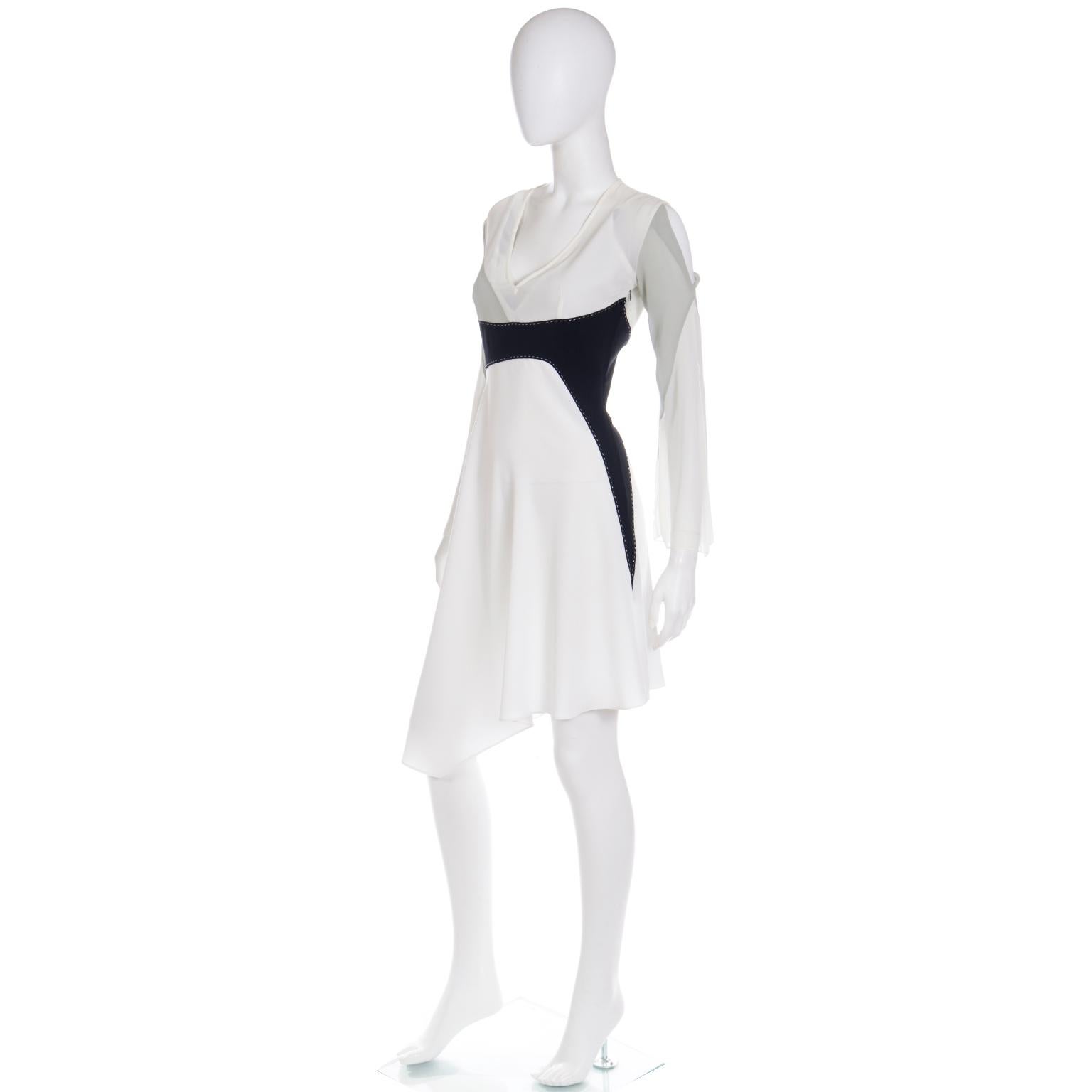 Vintage Gattinoni 1990s White Grey and Black Asymmetrical Dress w Open Shoulders For Sale 2