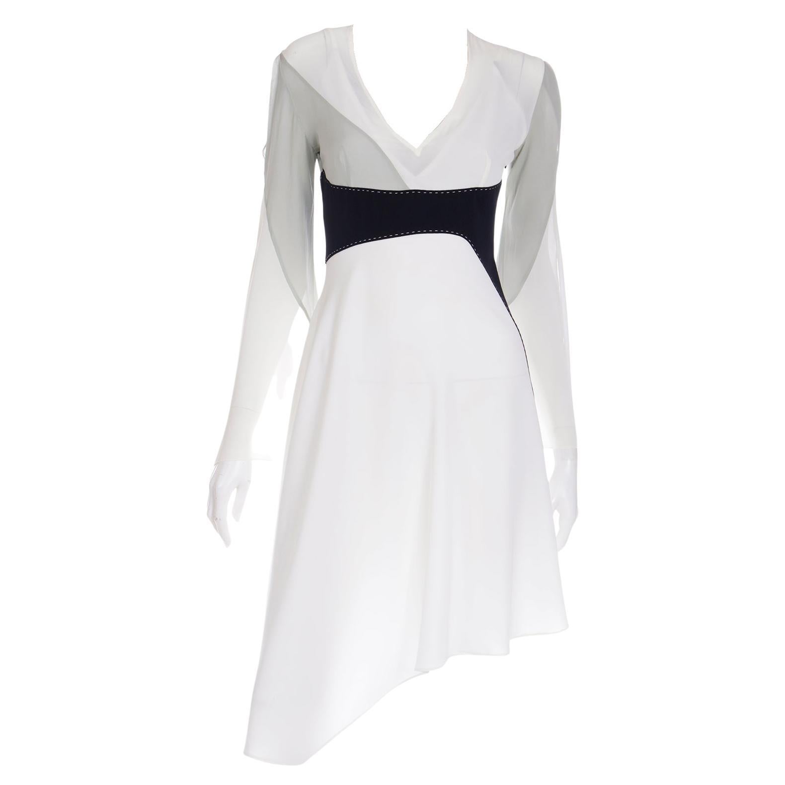 Vintage Gattinoni 1990s White Grey and Black Asymmetrical Dress w Open Shoulders For Sale