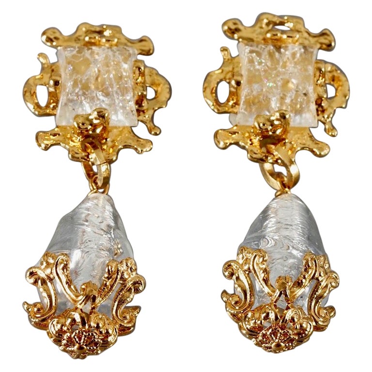 Vintage GAVILANE Crackling Glass Paste Sculptural Drop Earrings For Sale