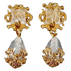 Vintage GAVILANE Crackling Glass Paste Sculptural Drop Earrings
