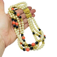 Vintage GAY BOYER signed coral onyx pearl glass beaded designer necklace