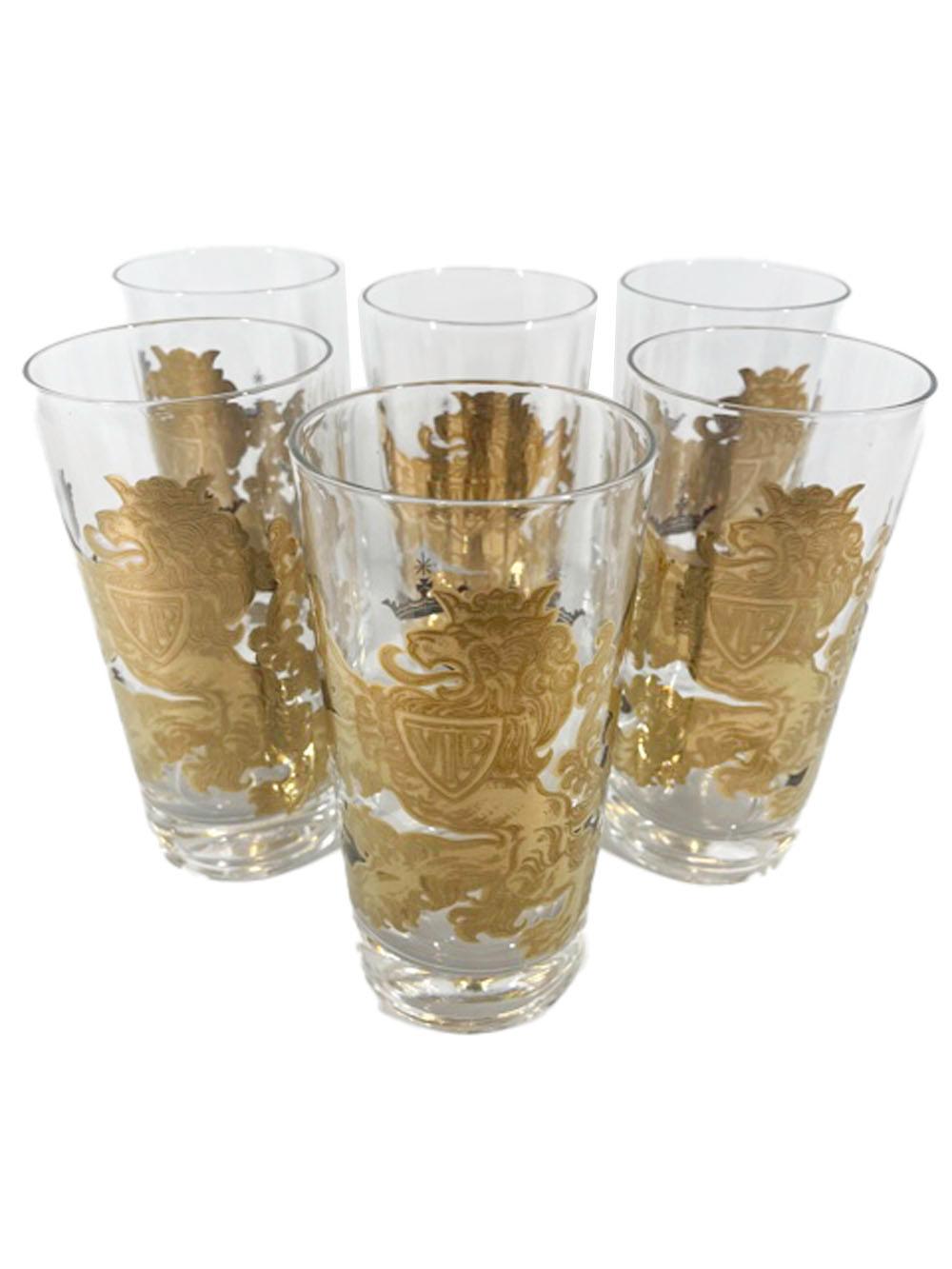 Six vintage highball glasses by Gay Fad, with a large embossed 22 karat gold rampant lion wearing a crown and holding a shield with the letters VIP embossed on it.