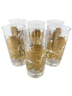 Vintage Gay Fad Highball Glasses with Gold Rampant Lion and Shield with VIP