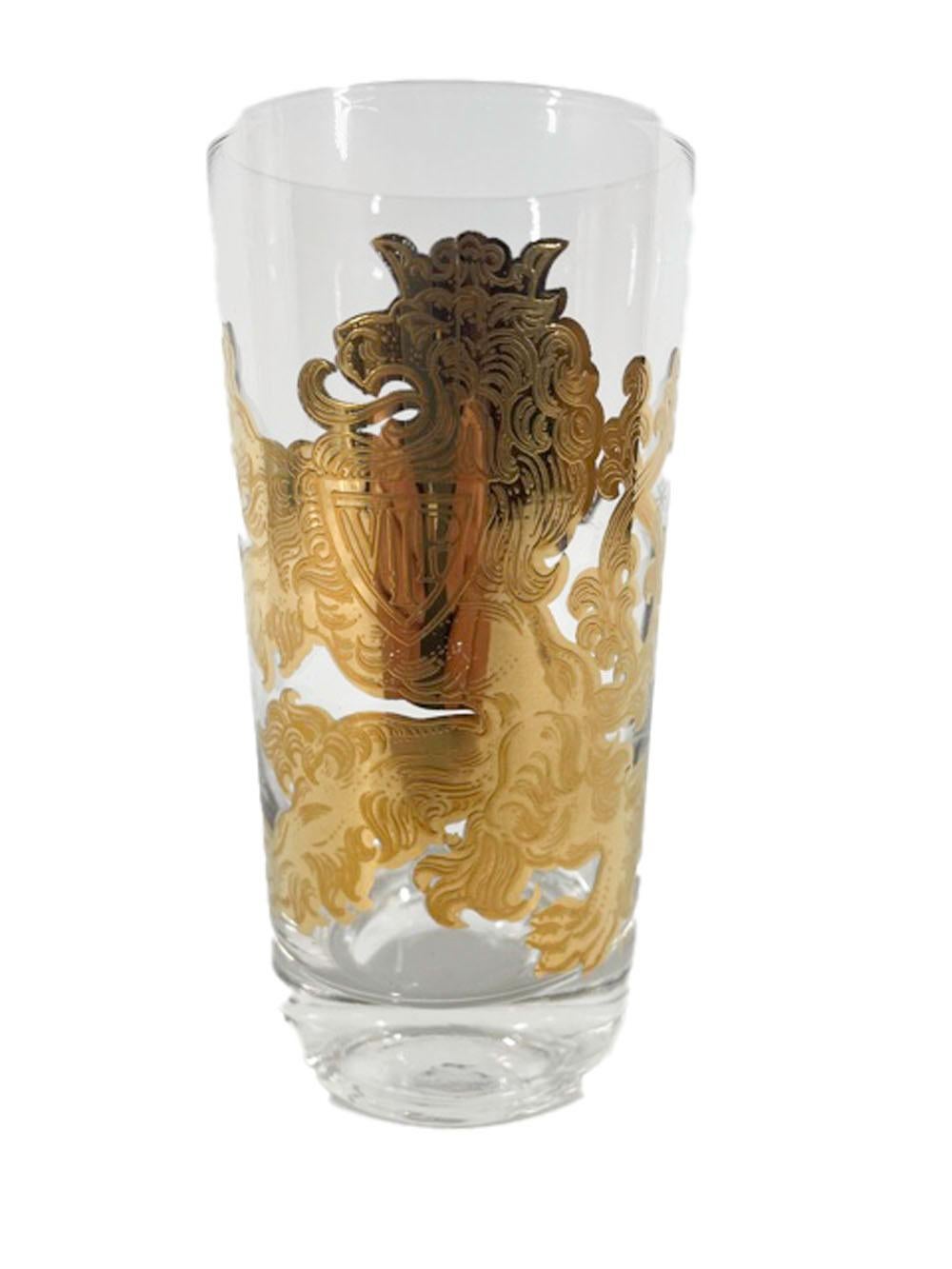 Mid-Century Modern Vintage Gay Fad Highball Glasses with Gold Rampant Lion and Shield with VIP