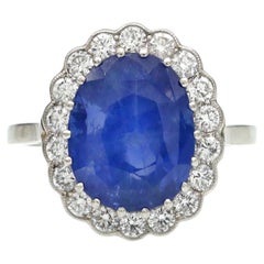 Vintage GCS Certified 10ct Ceylon Sapphire and Diamond Oval Cluster Ring