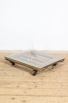Vintage GDR Beech Rolling Pallet Coffee Table with Glass Top