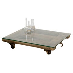 Vintage GDR Beech Rolling Pallet Coffee Table with Glass Top