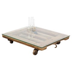 Vintage GDR Beech Rolling Pallet Coffee Table with Glass Top