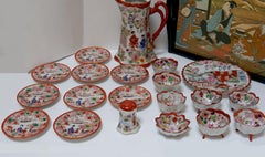 Vintage Geisha Painted 21-Piece Japanese Footed Tea Set and Lacquer Serving Tray