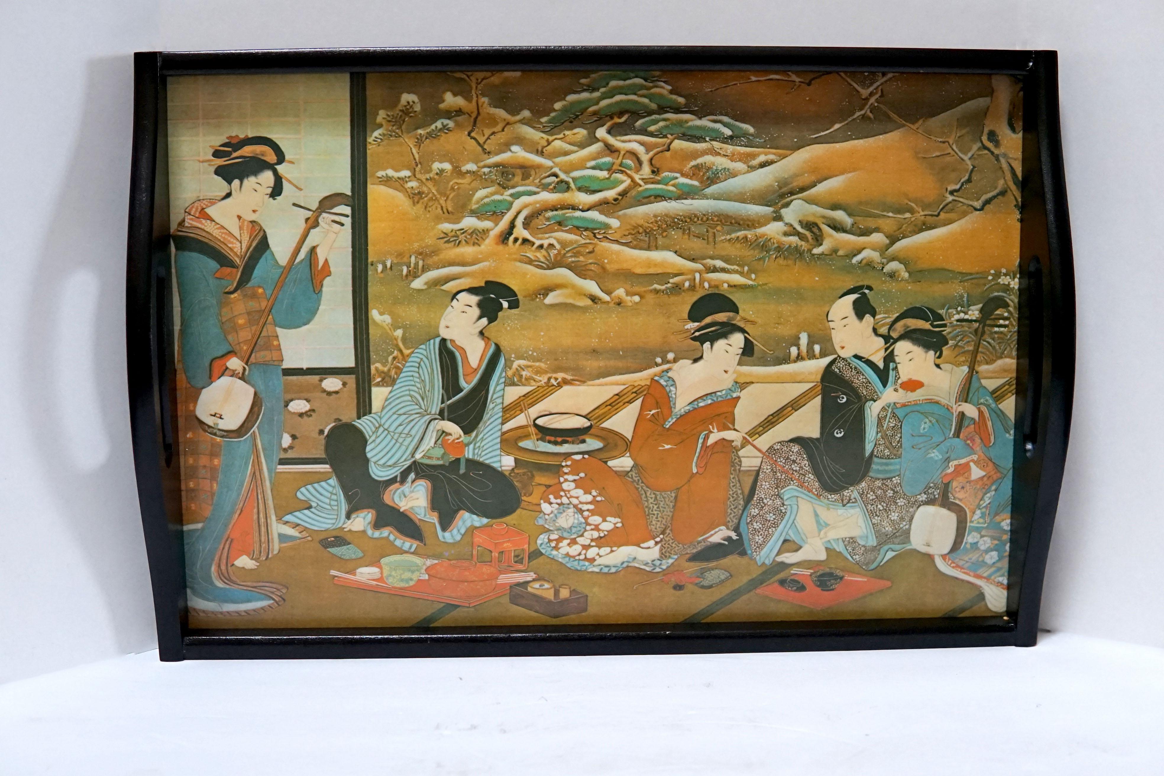 Vintage Geisha gemalt 21-teiliges japanisches Teeset mit Fuß und Lack Serviertablett (Handgefertigt) im Angebot