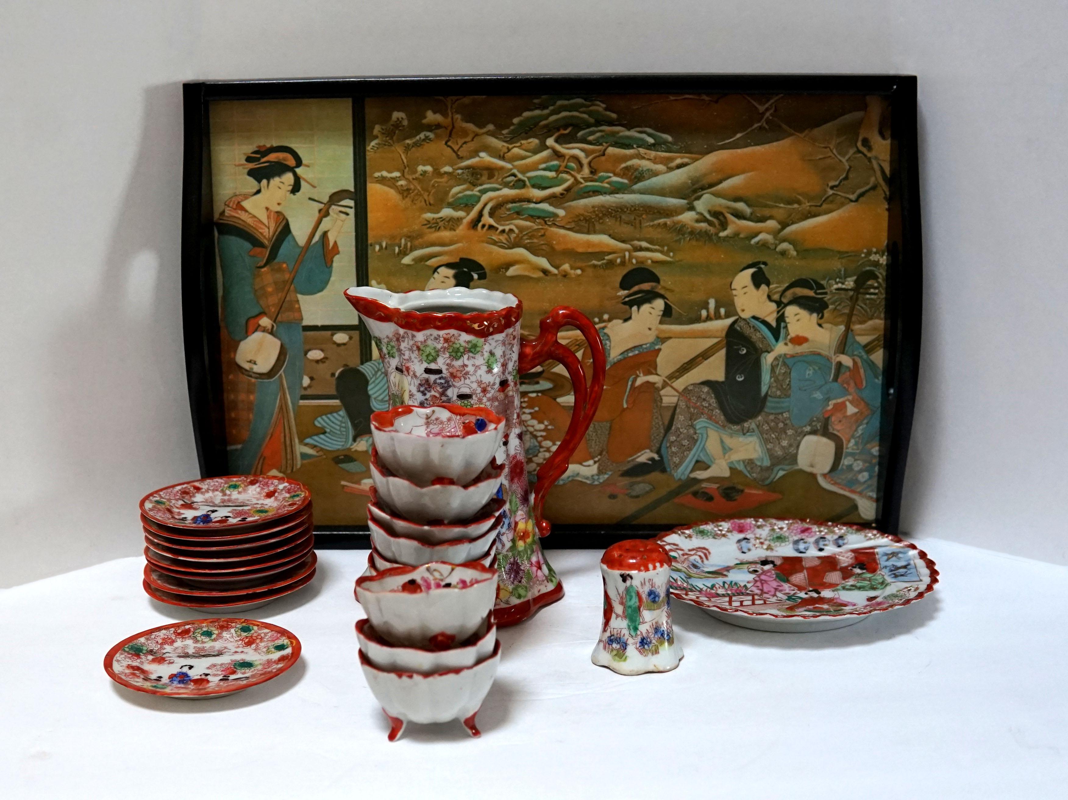 Vintage Geisha gemalt 21-teiliges japanisches Teeset mit Fuß und Lack Serviertablett im Angebot 1