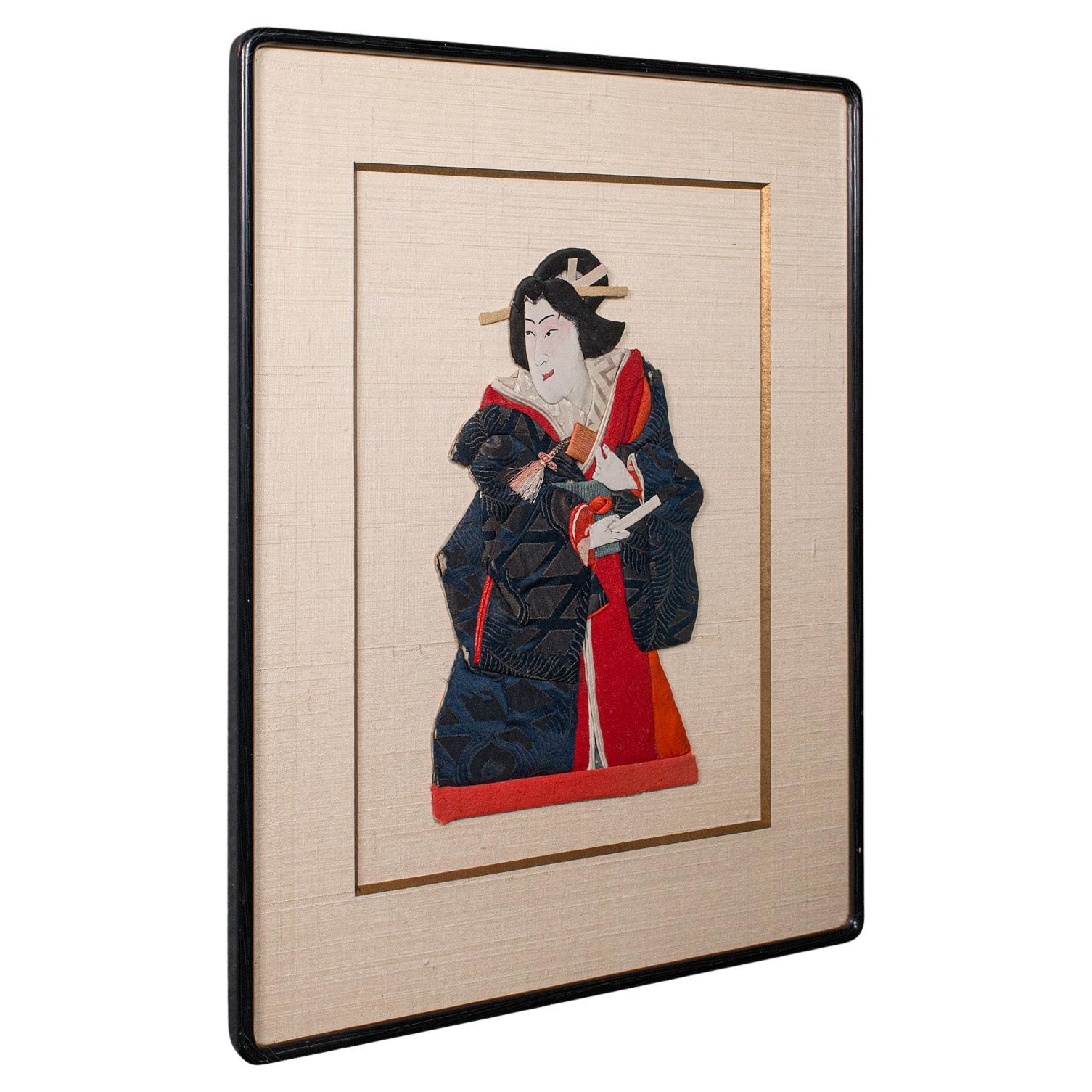 Vintage Geisha Portrait, Japanese Textile Relief Costume Picture, Art Deco, 1940 For Sale
