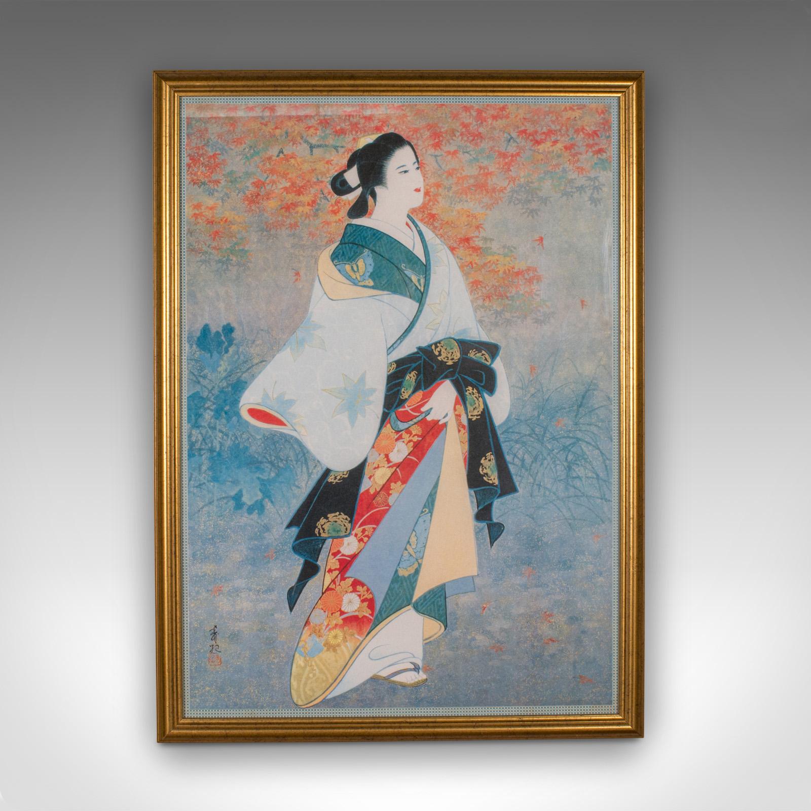 This is a vintage geisha print. A Japanese, gilt framed female figure from the late Art Deco period, circa 1950.

Evocative woodblock-type geisha figure with wonderful colour
Displays a desirable aged patina and in good order
Striking costume
