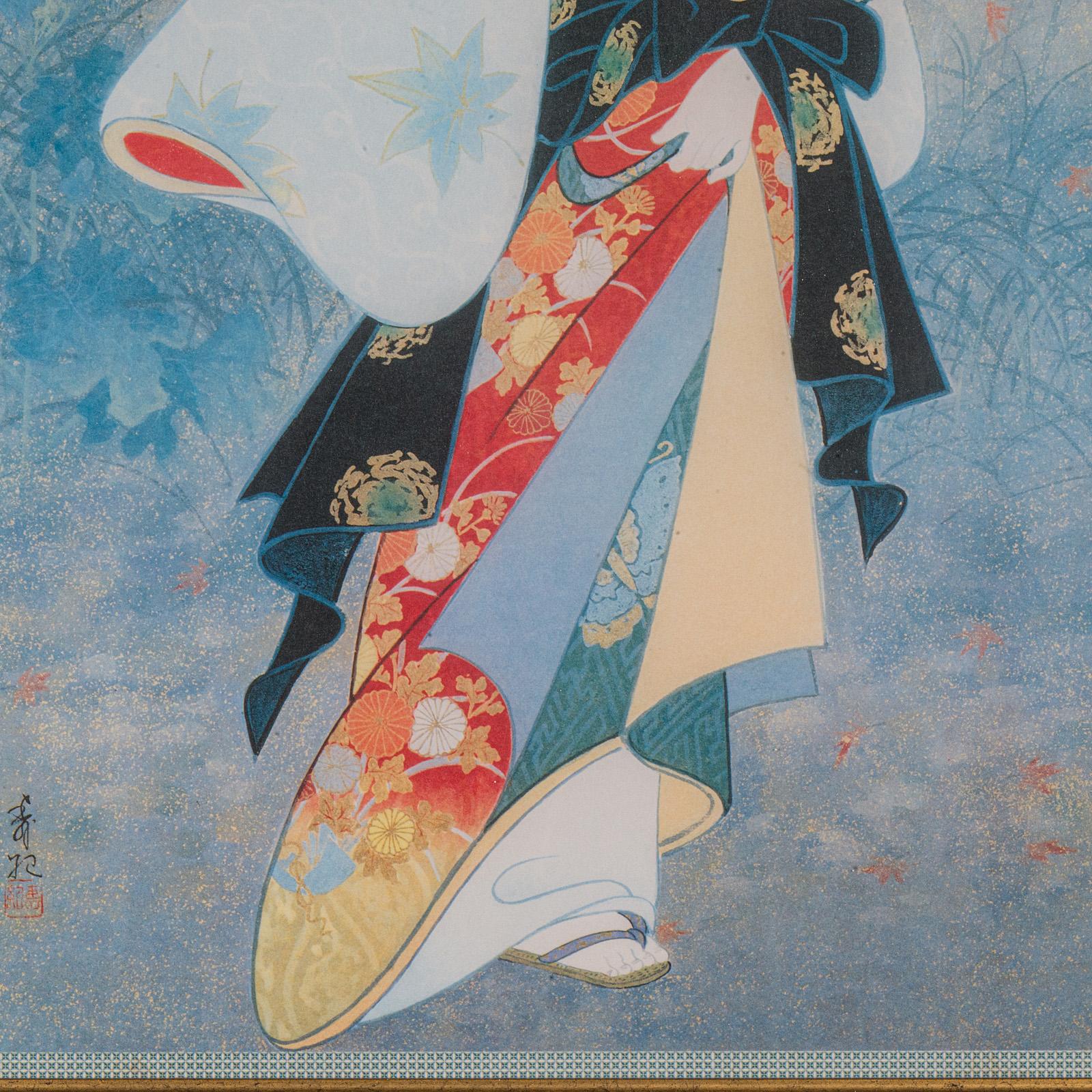 Wood Vintage Geisha Print, Japanese, Framed, Female Figure, Art Deco, Decorative Art For Sale