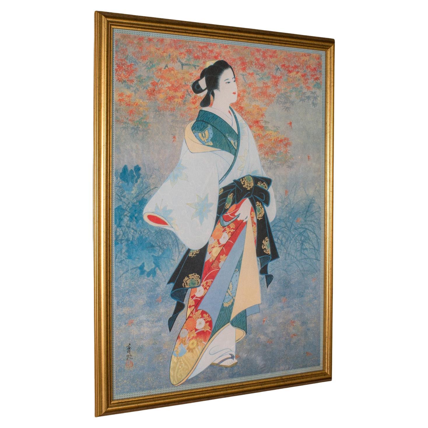 Vintage-Geisha-Druck, Japanisch, gerahmt, weibliche Figur, Art déco, dekorative Kunst