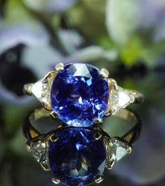 Vintage Gem Cushion Tanzanite Trillion Diamond 3 stone Ring 14K Gold