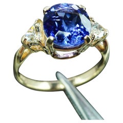 Vintage Gem Cushion Tanzanite Trillion Diamond 3 stone Ring 14K Gold