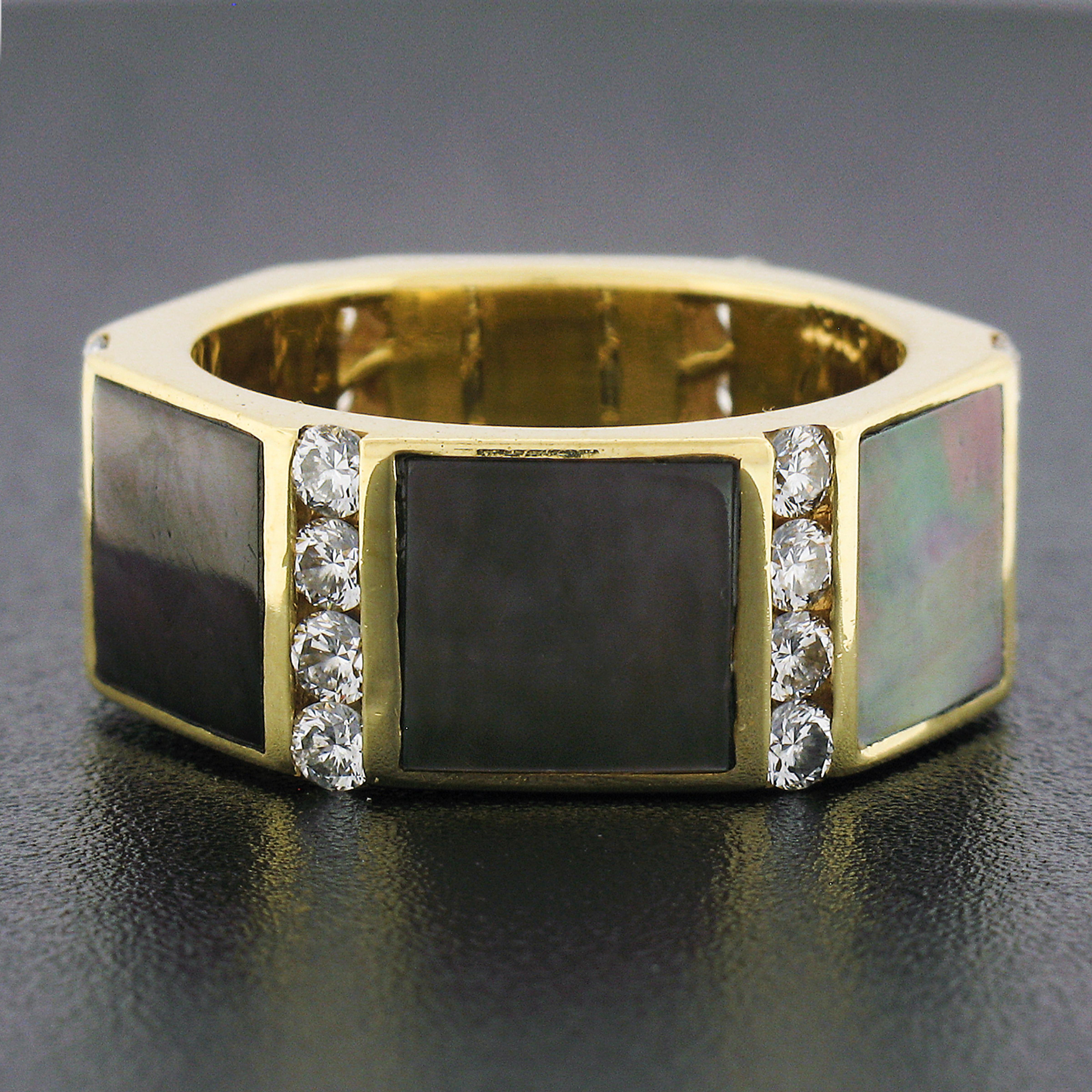 Eternity-Ring, Vintage, Edelsteinlok, 18 Karat Gold, Diamant-Intarsien, schwarzer Perlmutt (Carréeschliff) im Angebot