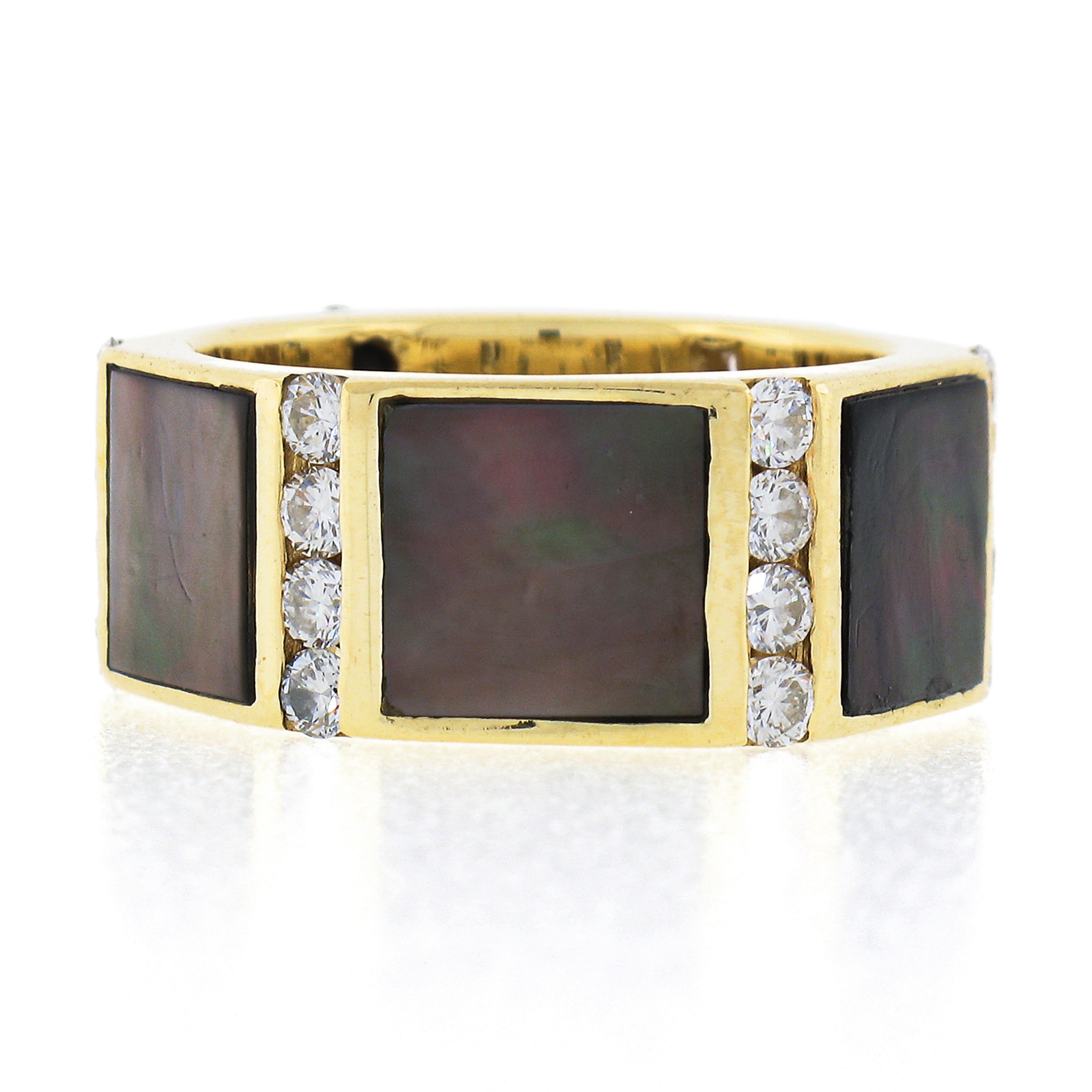 Vintage Gemlok 18K Gold Diamond Inlaid Black Mother of Pearl Eternity Band Ring For Sale