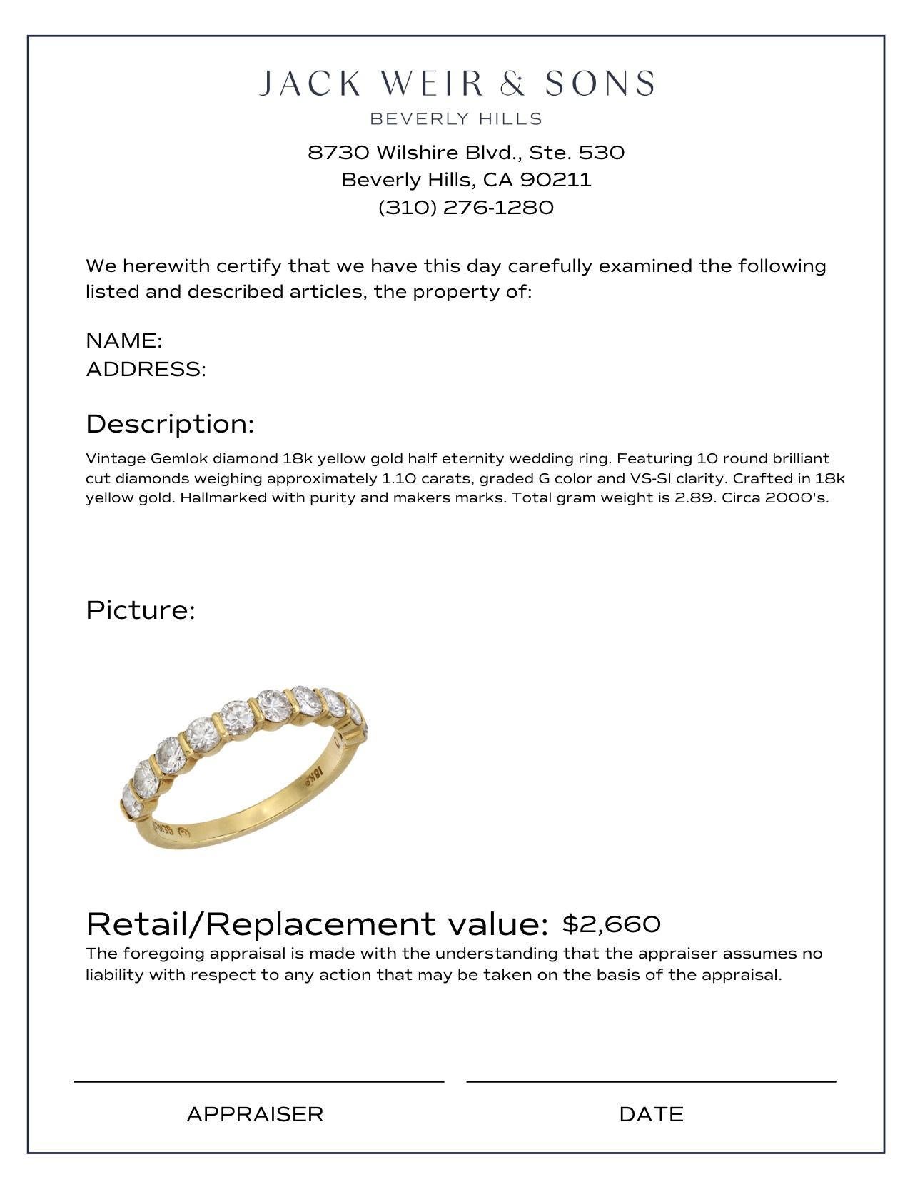 Vintage Gemlok Ehering aus 18 Karat Gelbgold mit Diamanten in halber Ewigkeit im Zustand „Gut“ im Angebot in Beverly Hills, CA