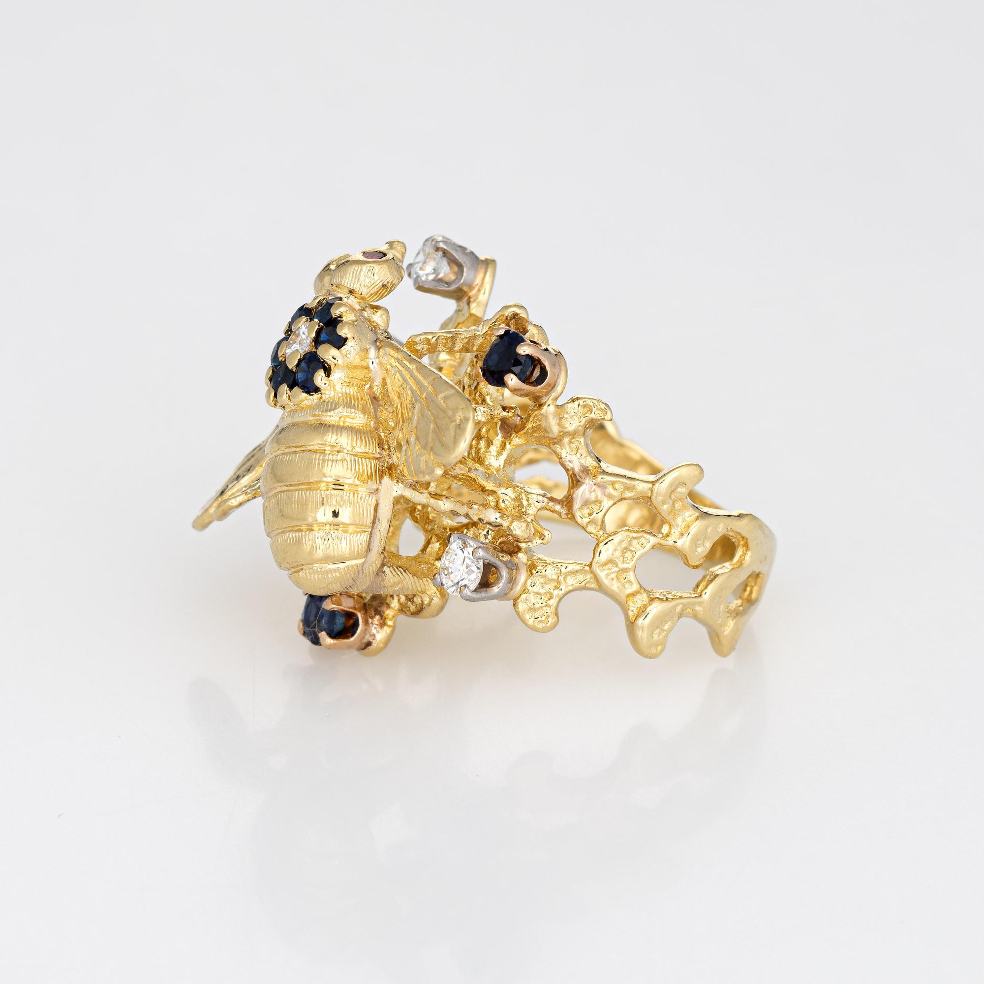 Modern Vintage Gemstone Bee Ring 18k Yellow Gold Diamond Sapphire Honeycomb Jewelry