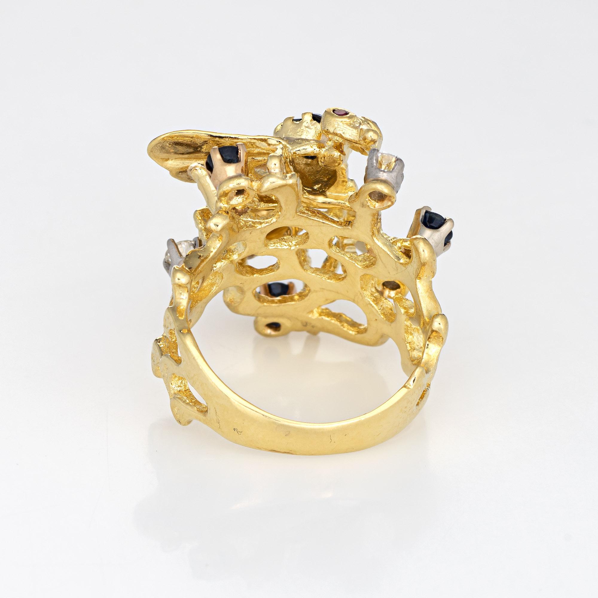 Round Cut Vintage Gemstone Bee Ring 18k Yellow Gold Diamond Sapphire Honeycomb Jewelry