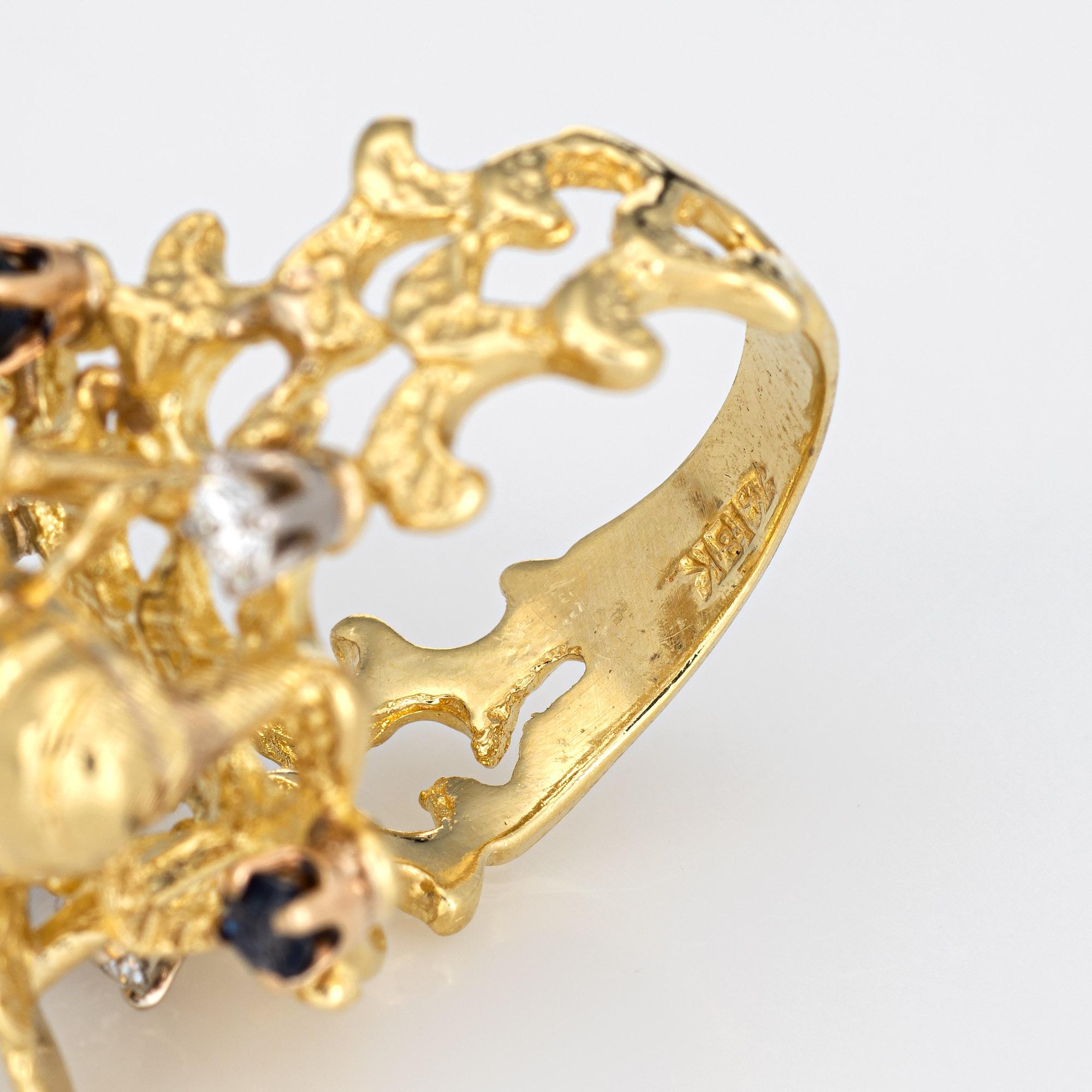 Women's Vintage Gemstone Bee Ring 18k Yellow Gold Diamond Sapphire Honeycomb Jewelry