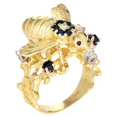 Vintage Gemstone Bee Ring 18k Yellow Gold Diamond Sapphire Honeycomb Jewelry