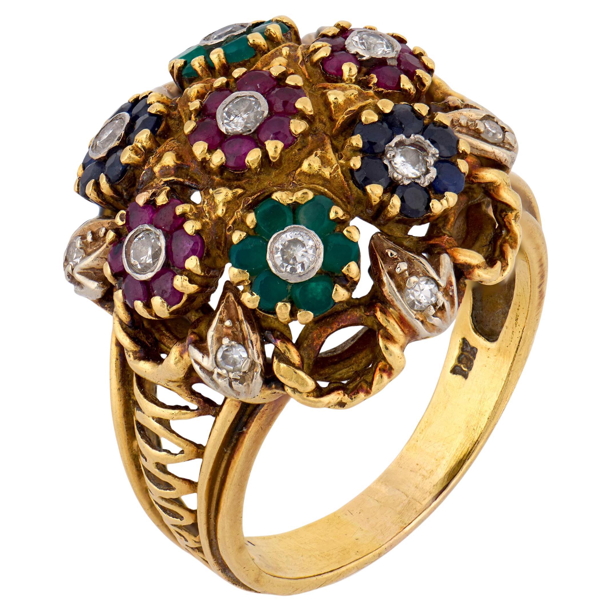 Anello cocktail d
oro 18 carati con bouquet di gemme vintage