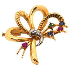 Vintage Gemstone Brooch 18 Karat Yellow White Gold