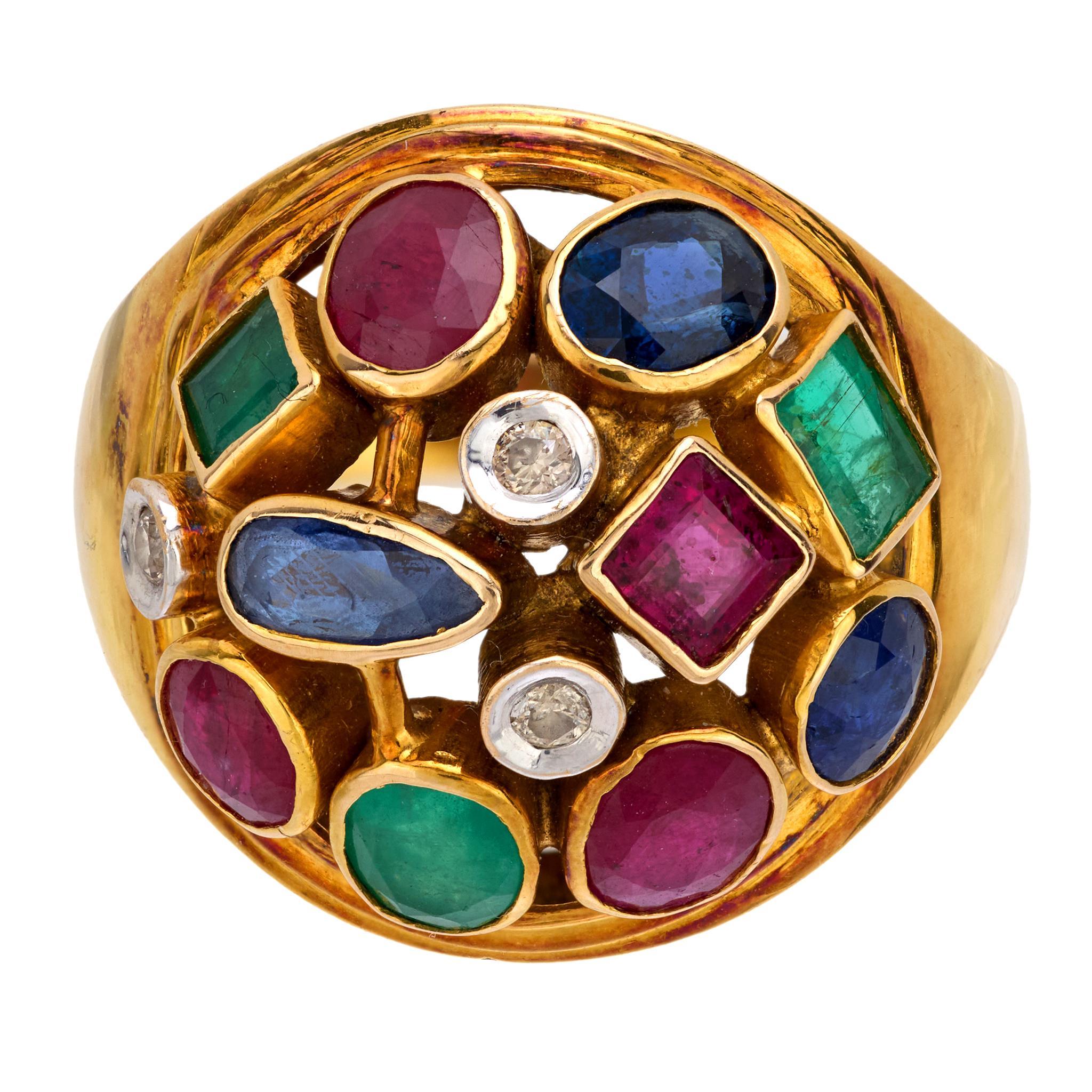 Modern Vintage gemstone diamond 14k yellow gold dome cocktail ring For Sale