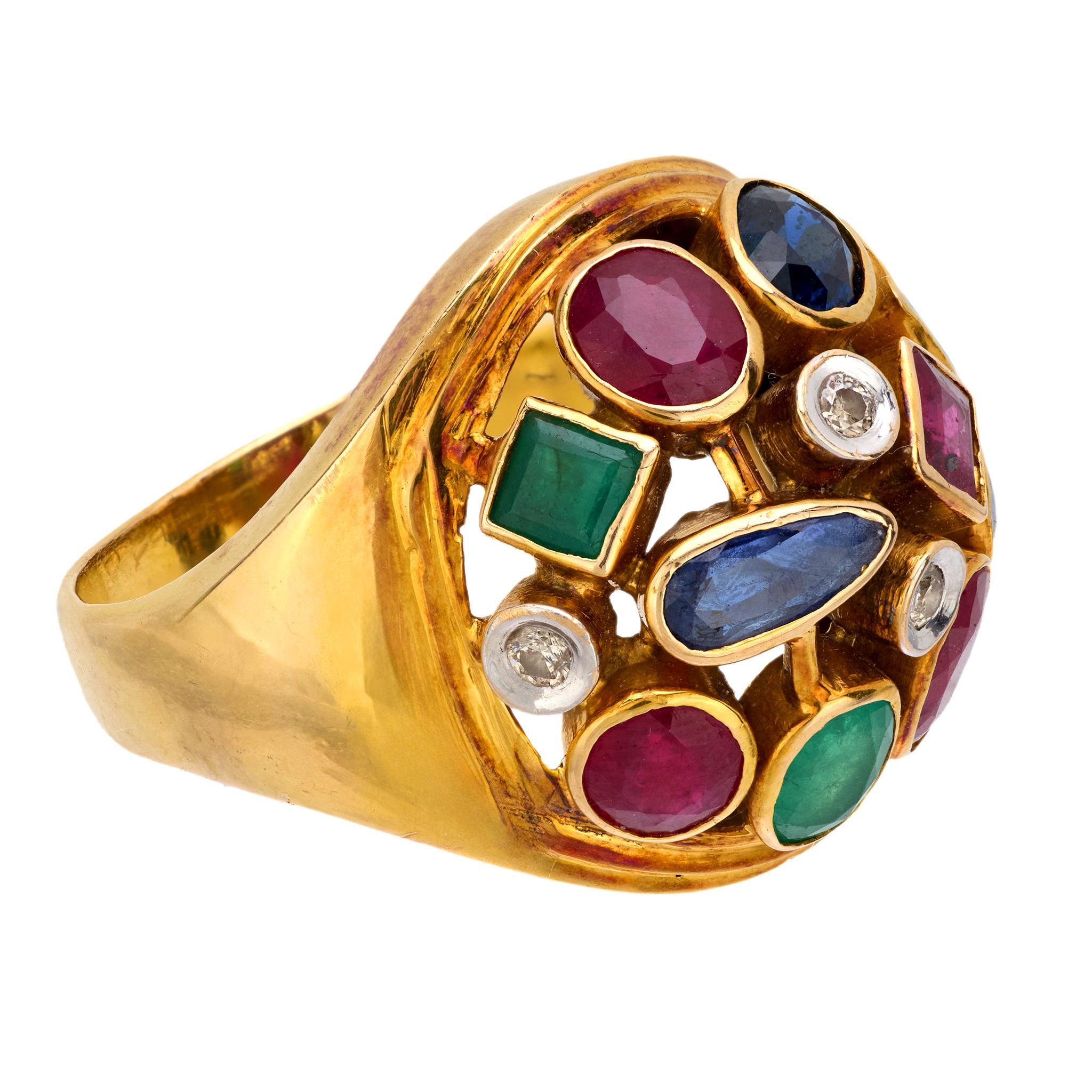 Square Cut Vintage gemstone diamond 14k yellow gold dome cocktail ring For Sale