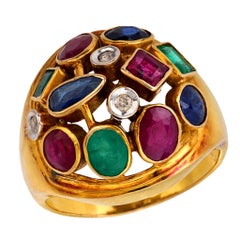Anillo de cóctel con cúpula de oro amarillo de 14 quilates de diamantes y piedras preciosas vintage