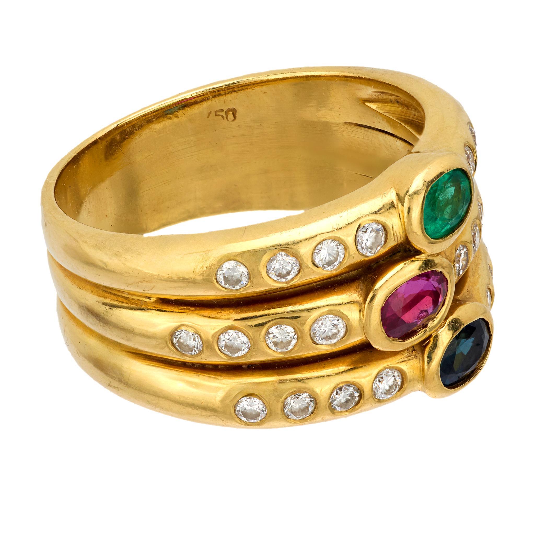 Oval Cut Vintage gemstone diamond 18k yellow gold triple band ring For Sale