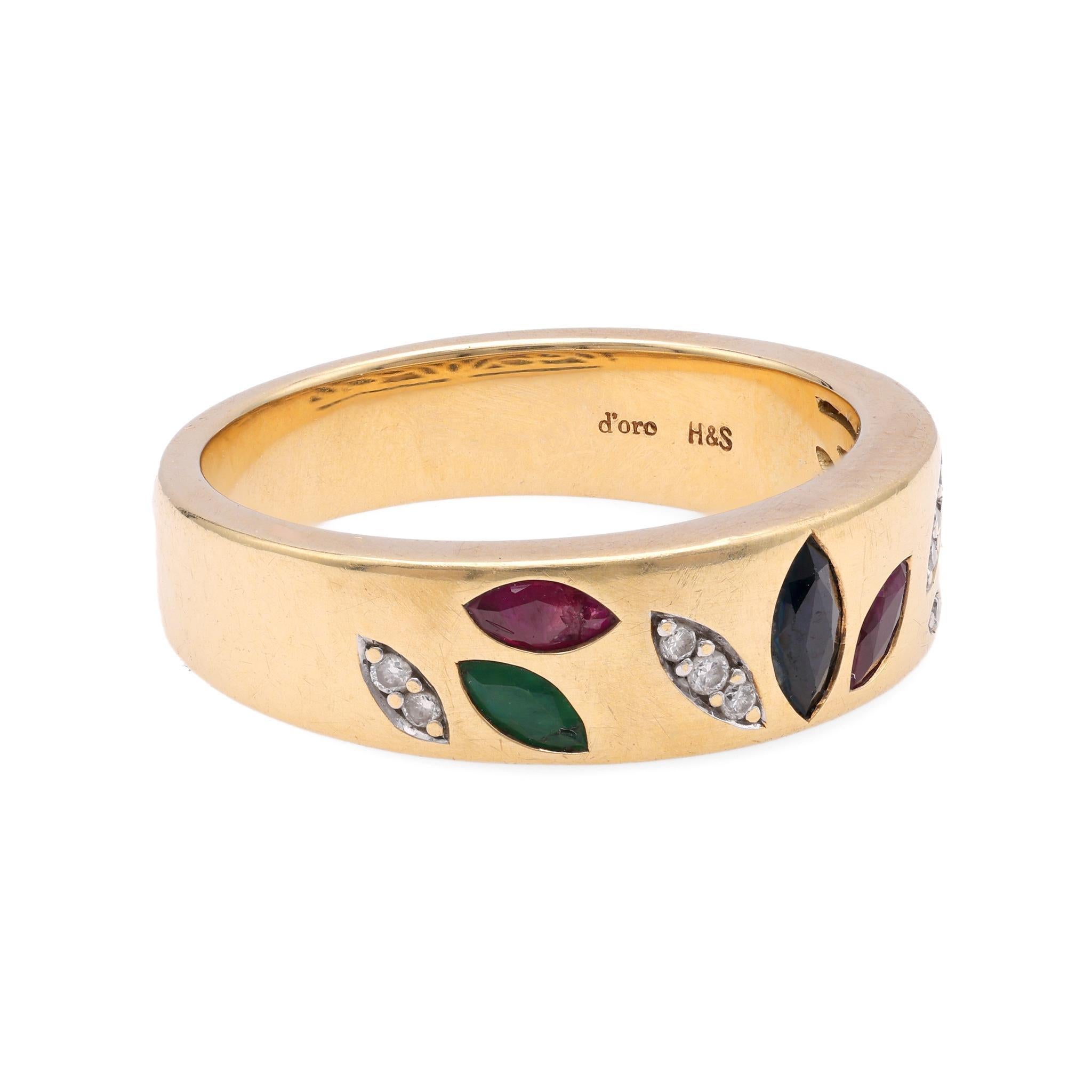Marquise Cut Vintage Gemstone Diamond Gold Band For Sale