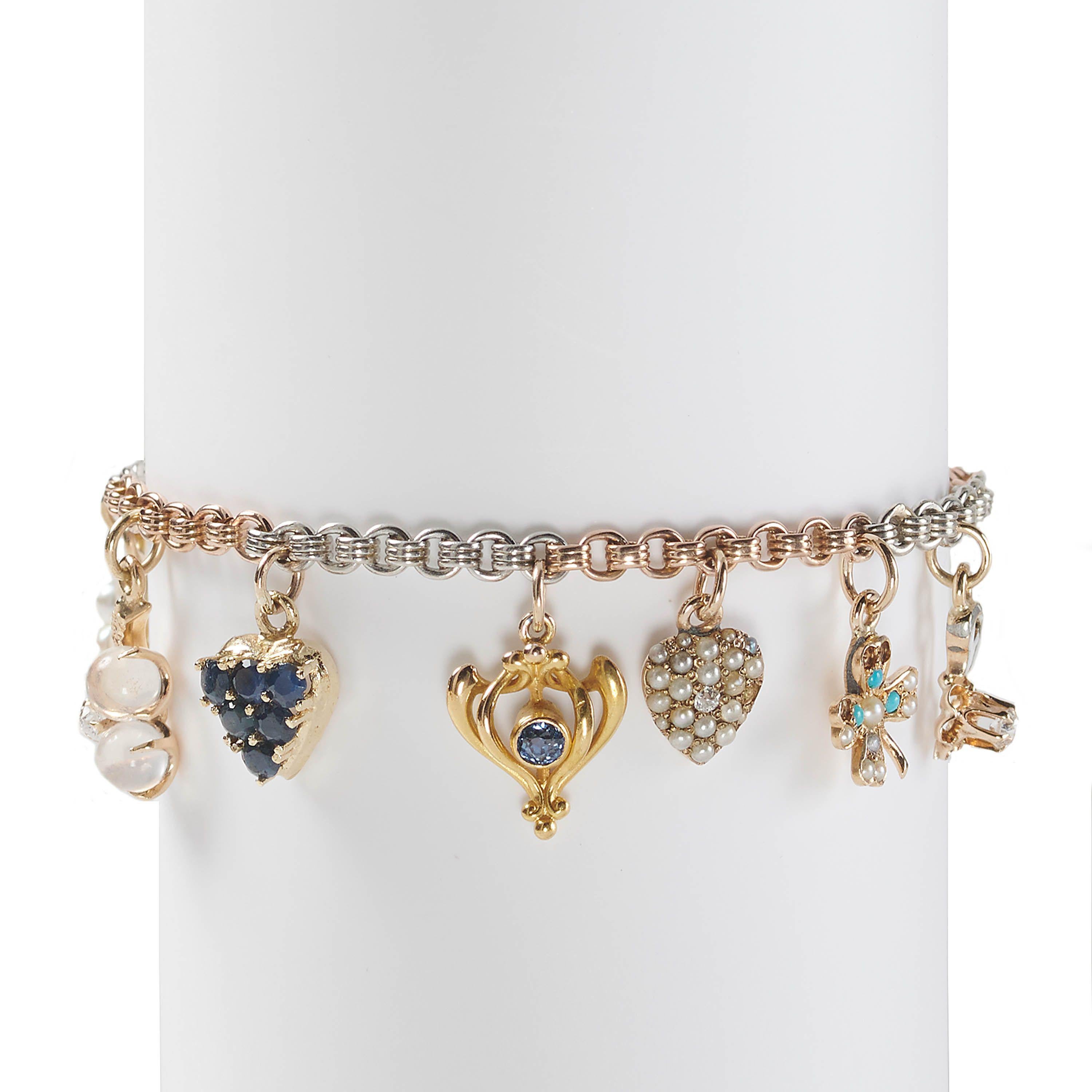 Women's Vintage Gemstone, Enamel, Gold And Platinum Charm Bracelet For Sale