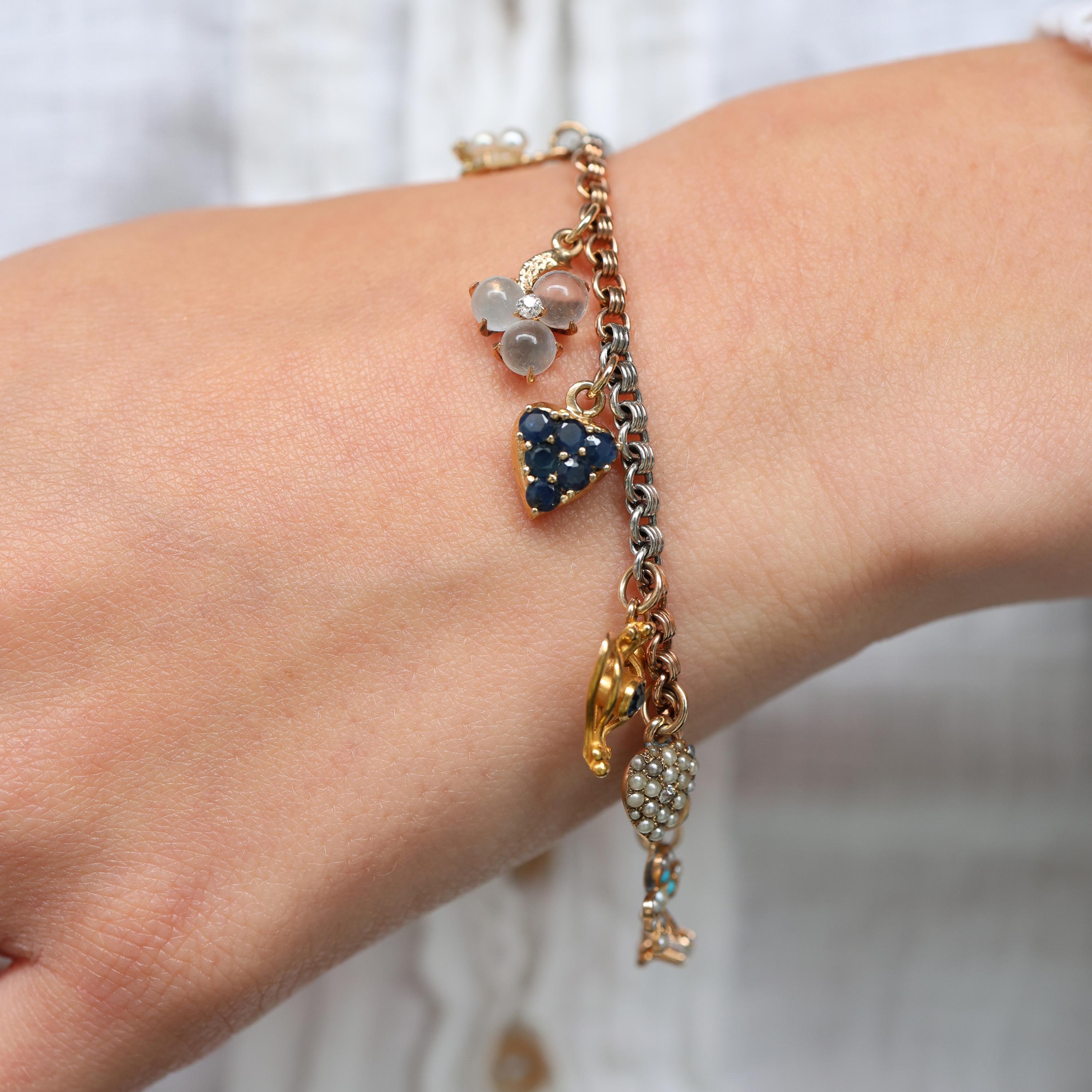 Charm-Armband aus Edelsteinen, Emaille, Gold und Platin (Rundschliff)