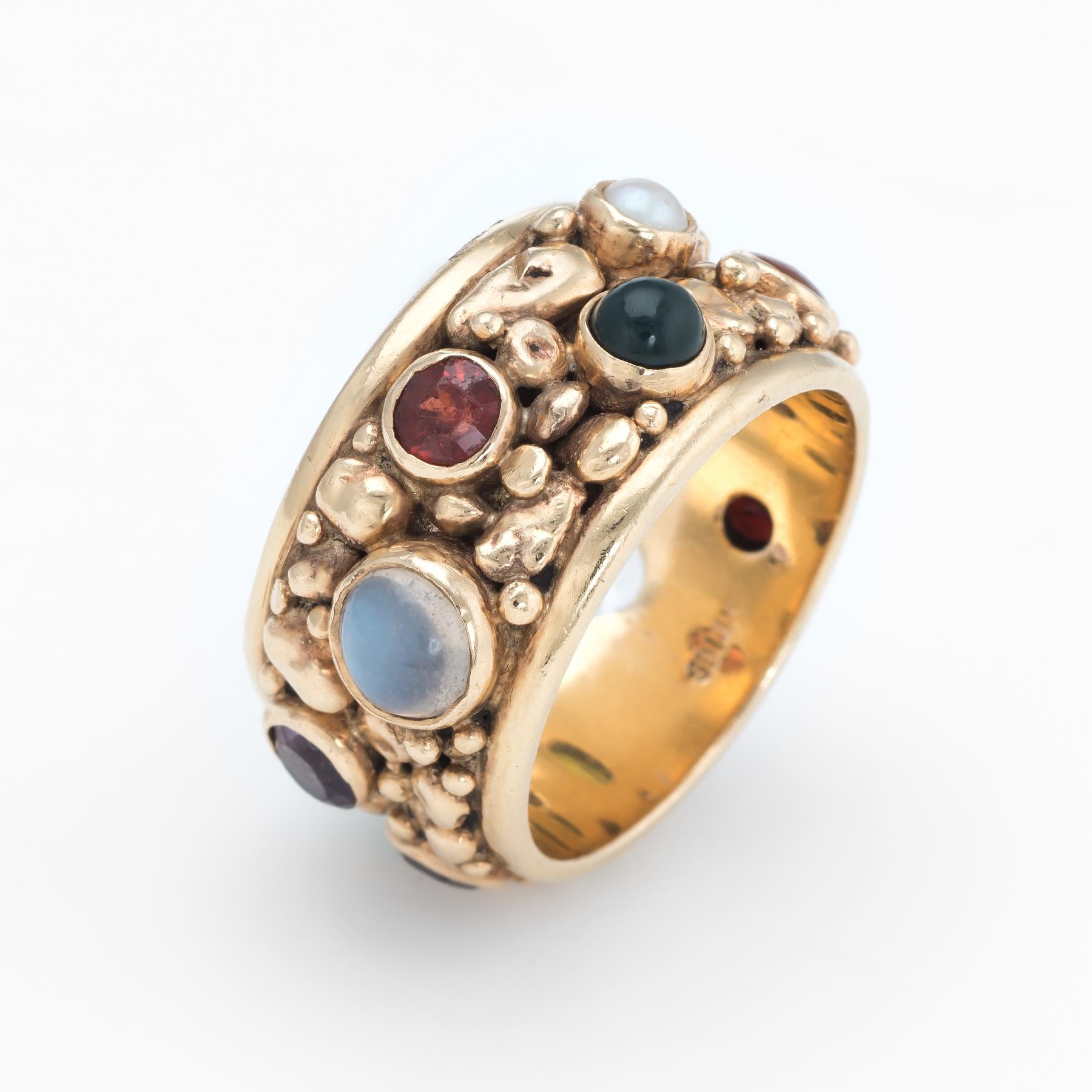 Modern Vintage Gemstone Eternity Ring 14 Karat Yellow Gold Estate Fine Jewelry
