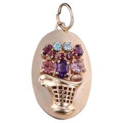 Vintage Gemstone Flower Bakset Pendant of 14k Gold