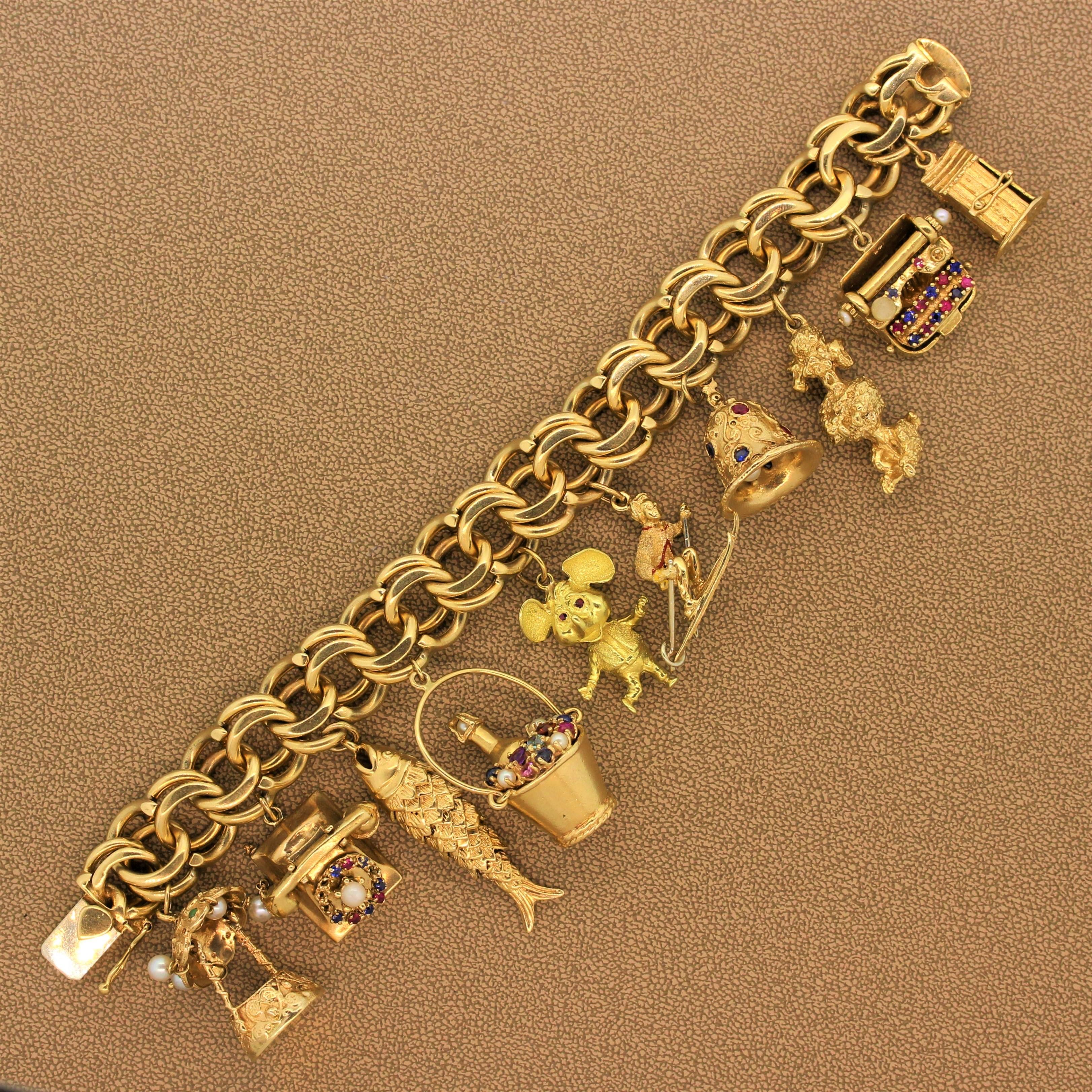 Vintage Gemstone Gold Charm Bracelet In Excellent Condition In Beverly Hills, CA