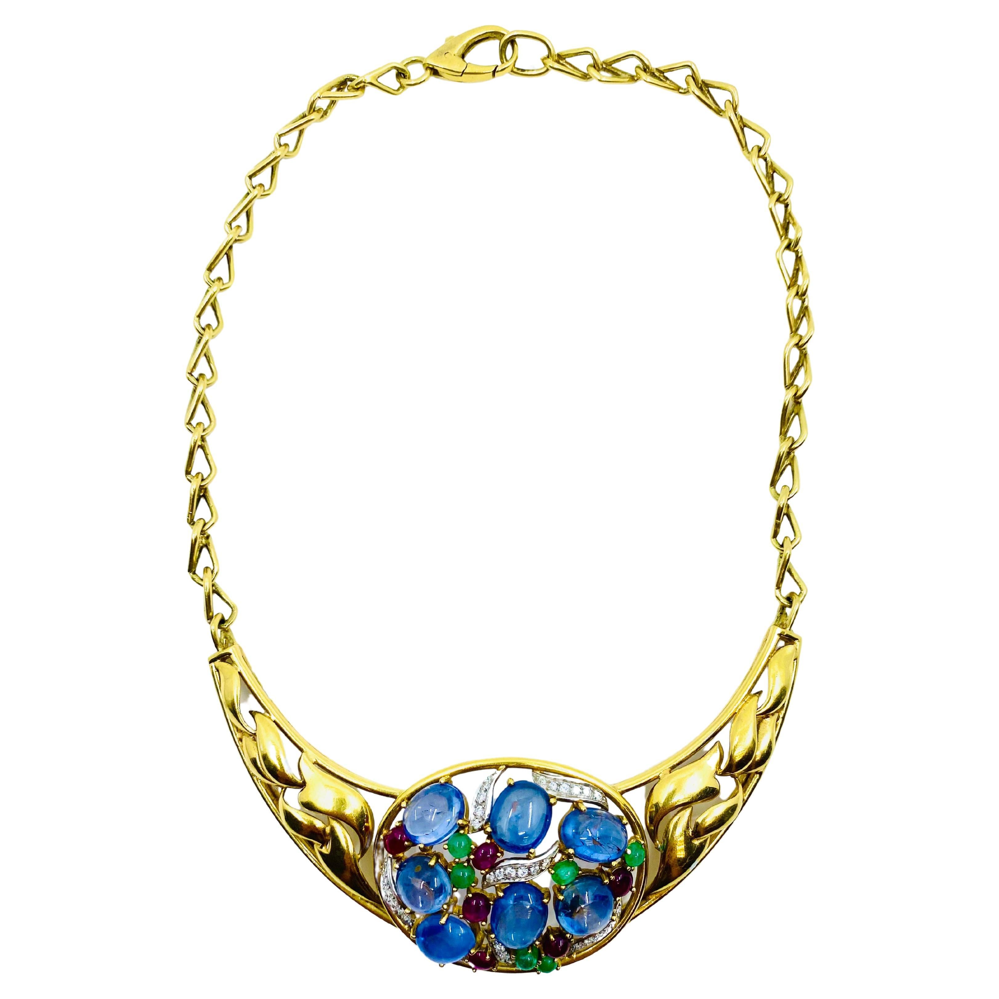 Vintage Gemstone Necklace 18k Gold In Excellent Condition For Sale In Beverly Hills, CA