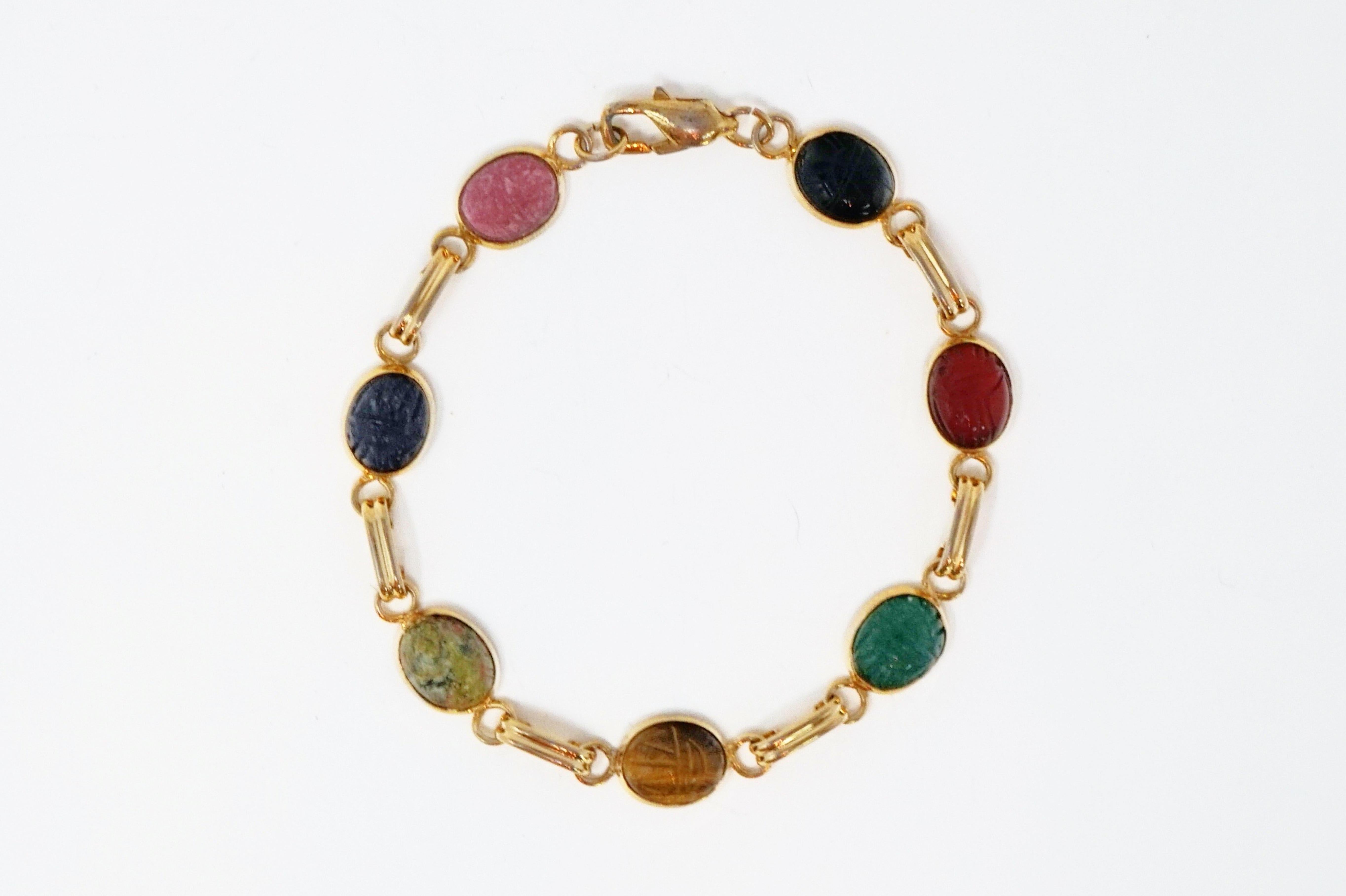 Vintage Gemstone Scarab Beetle Egyptian Good Luck Bracelet 2