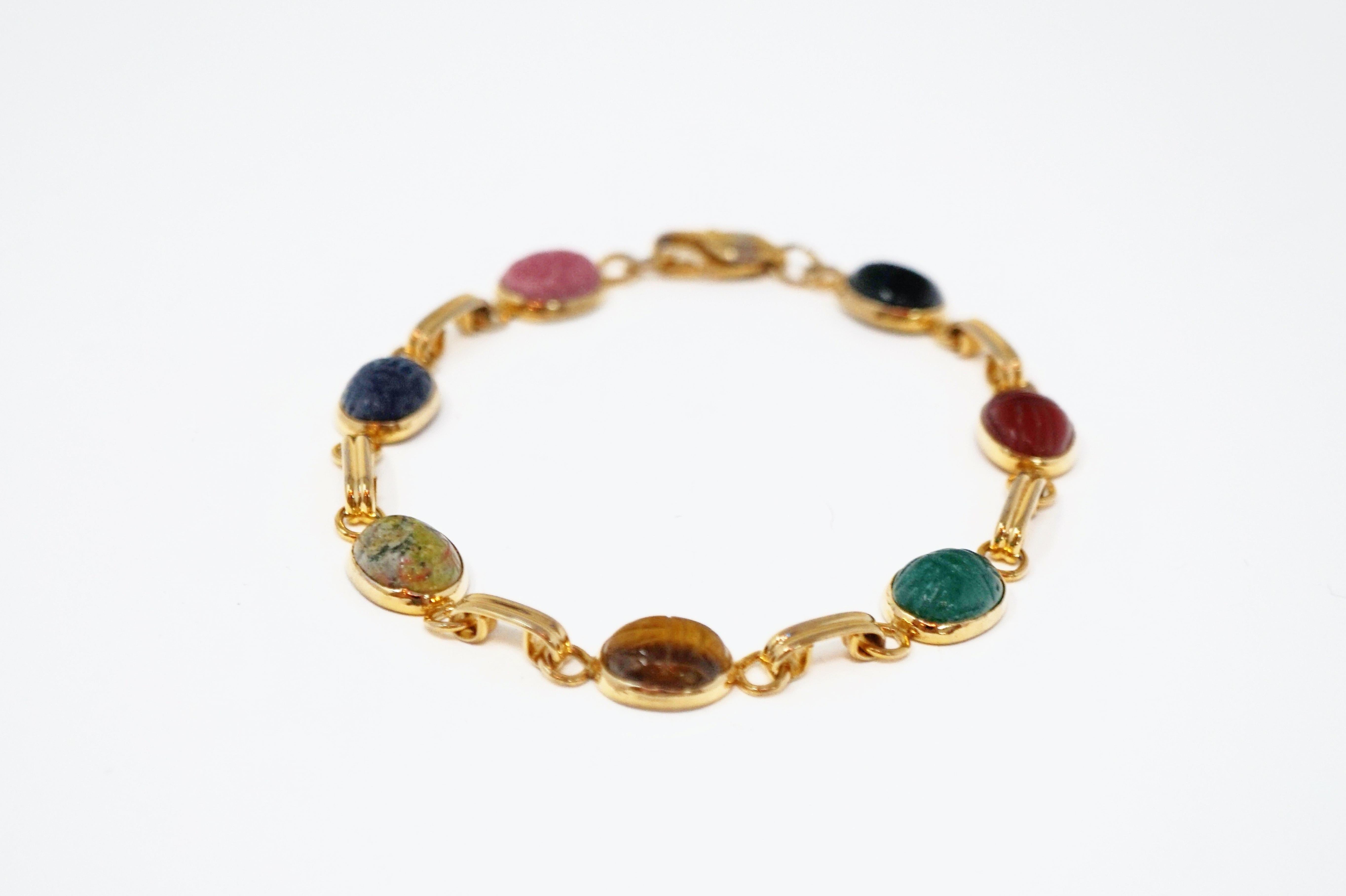 Vintage Gemstone Scarab Beetle Egyptian Good Luck Bracelet 3