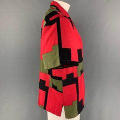 Vintage GENE MEYER Size L Red Black Olive Print Silk Camp Short Sleeve Shirt