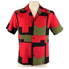 Vintage GENE MEYER Size L Red Black Olive Print Silk Camp Short Sleeve Shirt