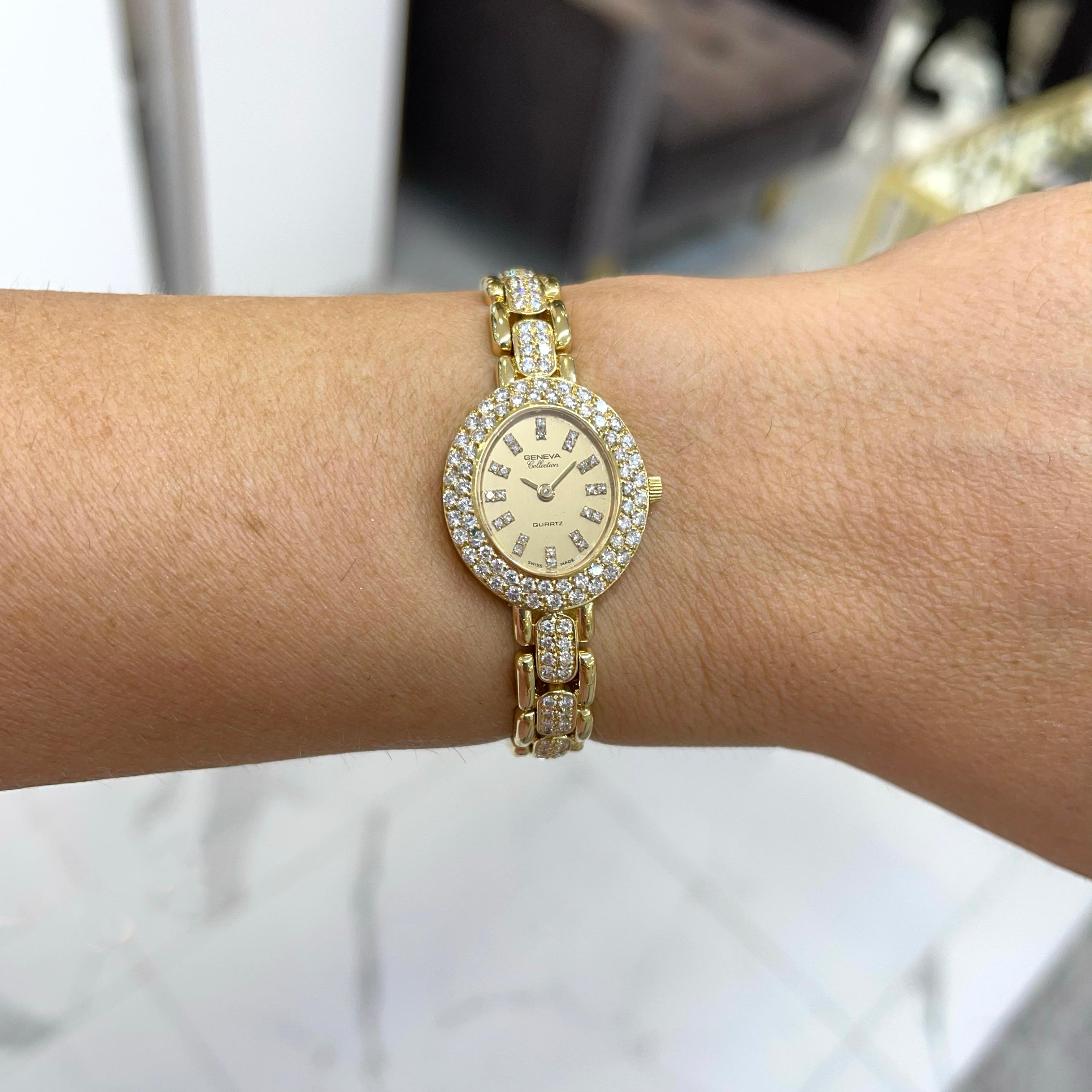 Women's Vintage Geneva Collection Solid 18K Yellow Gold Diamond Bracelet Quartz Watch
