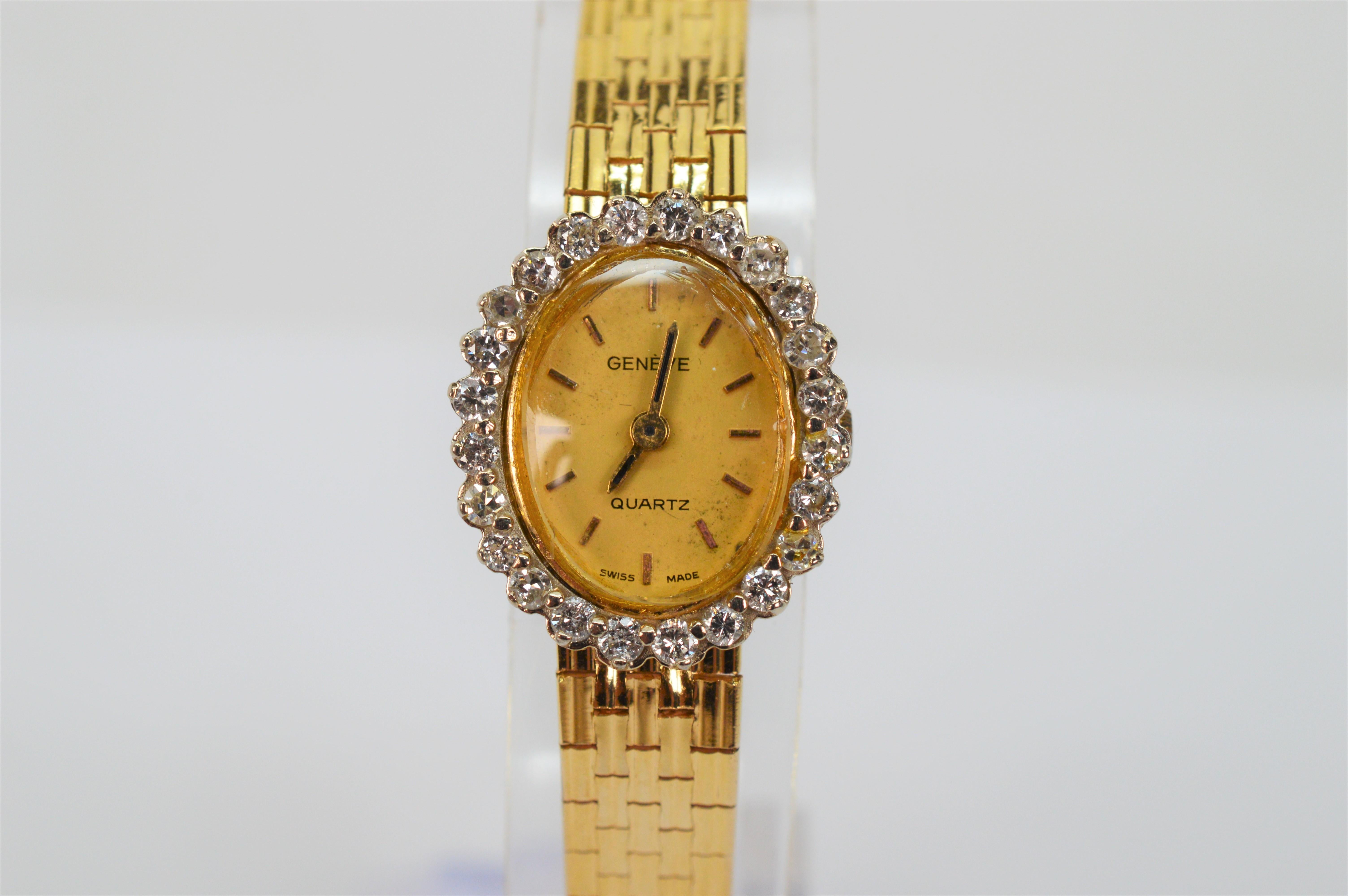 Vintage Geneve 14 Karat Yellow Gold Diamond Quartz Movement Ladies Dress Watch For Sale 2