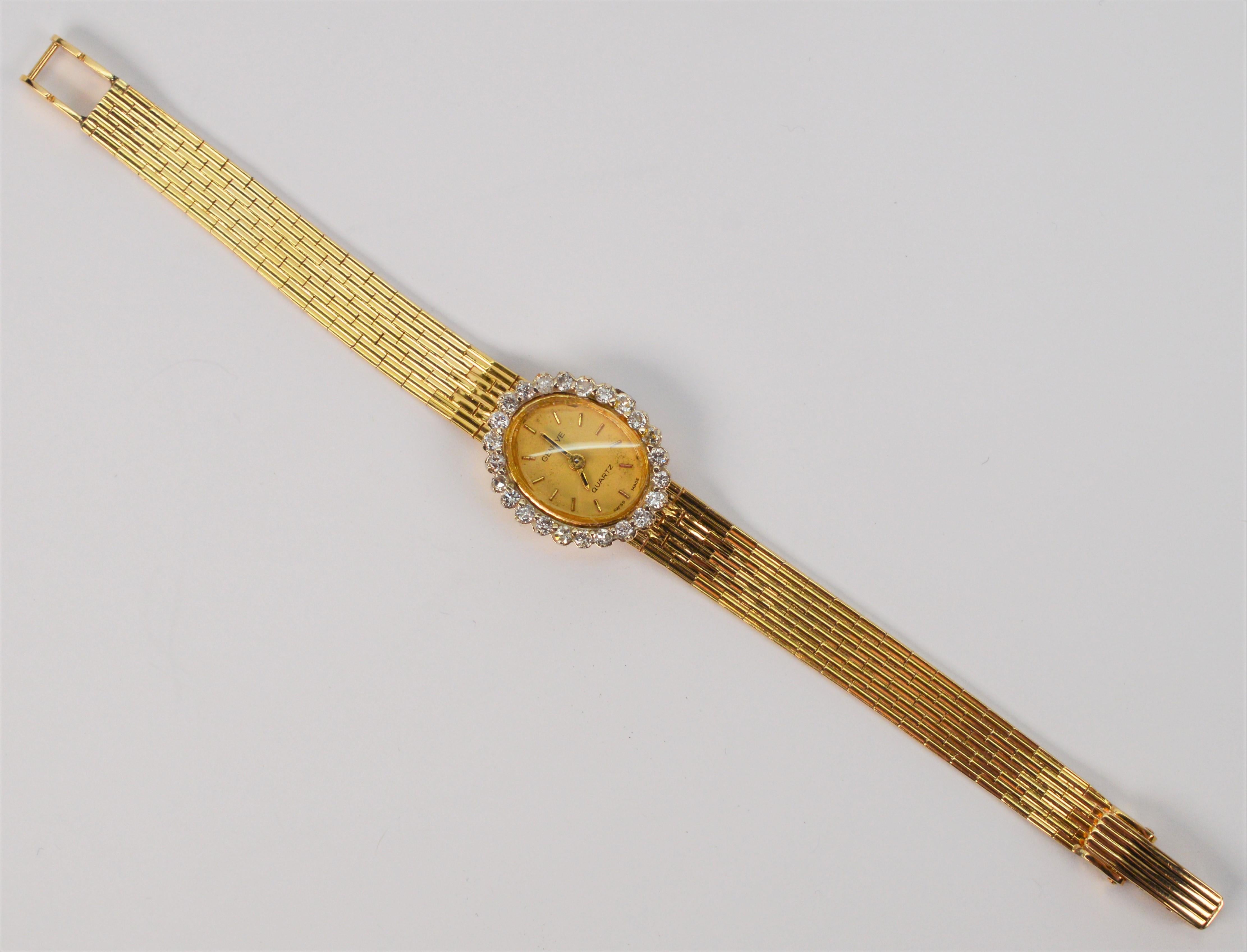 Vintage Geneve 14 Karat Yellow Gold Diamond Quartz Movement Ladies Dress Watch For Sale 3